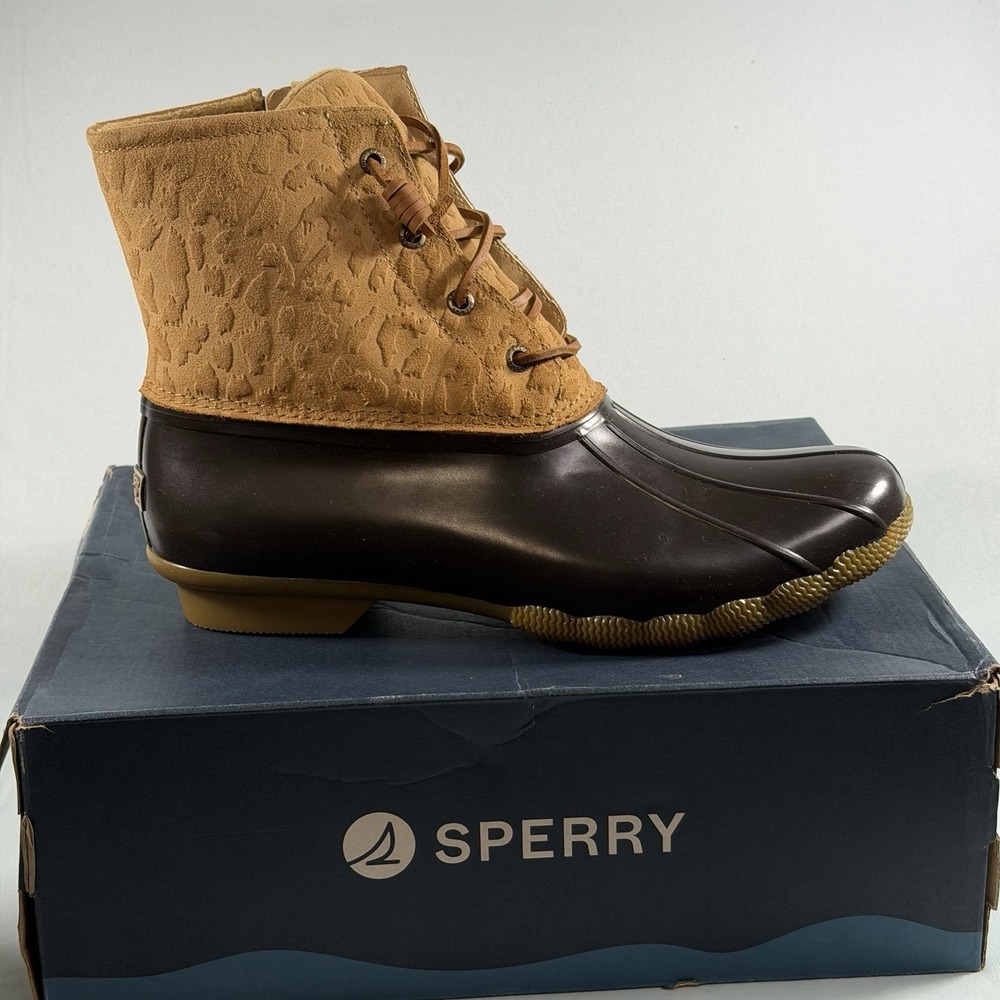 Sperry Size-11M Womens Saltwater Cheetah‎ Tan Duck An All-Weather Boot